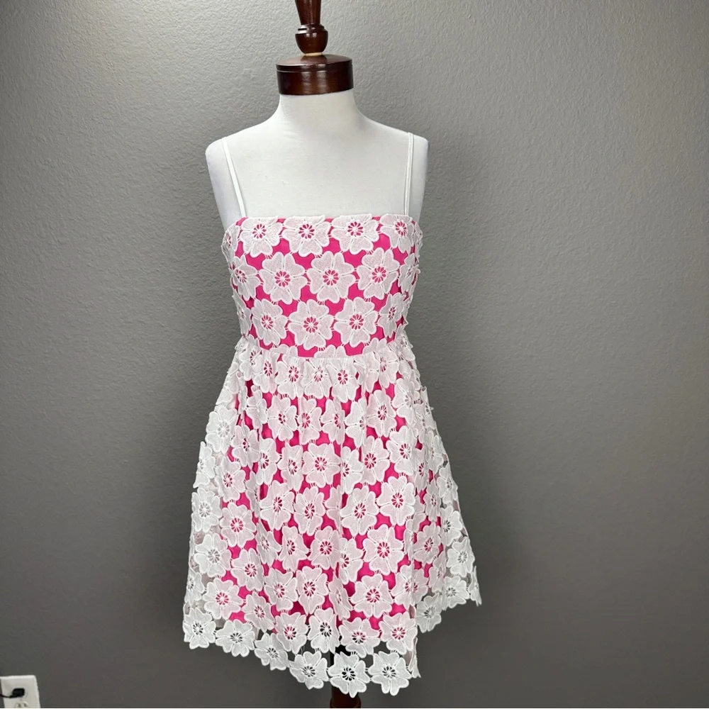Ultramarine Pink white Crochet Detail Floral Dress Sz S Boho Kentucky Derby - Picture 10 of 10